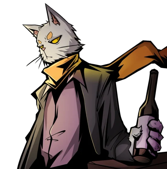 The Cybereator cat, leaning on a bar